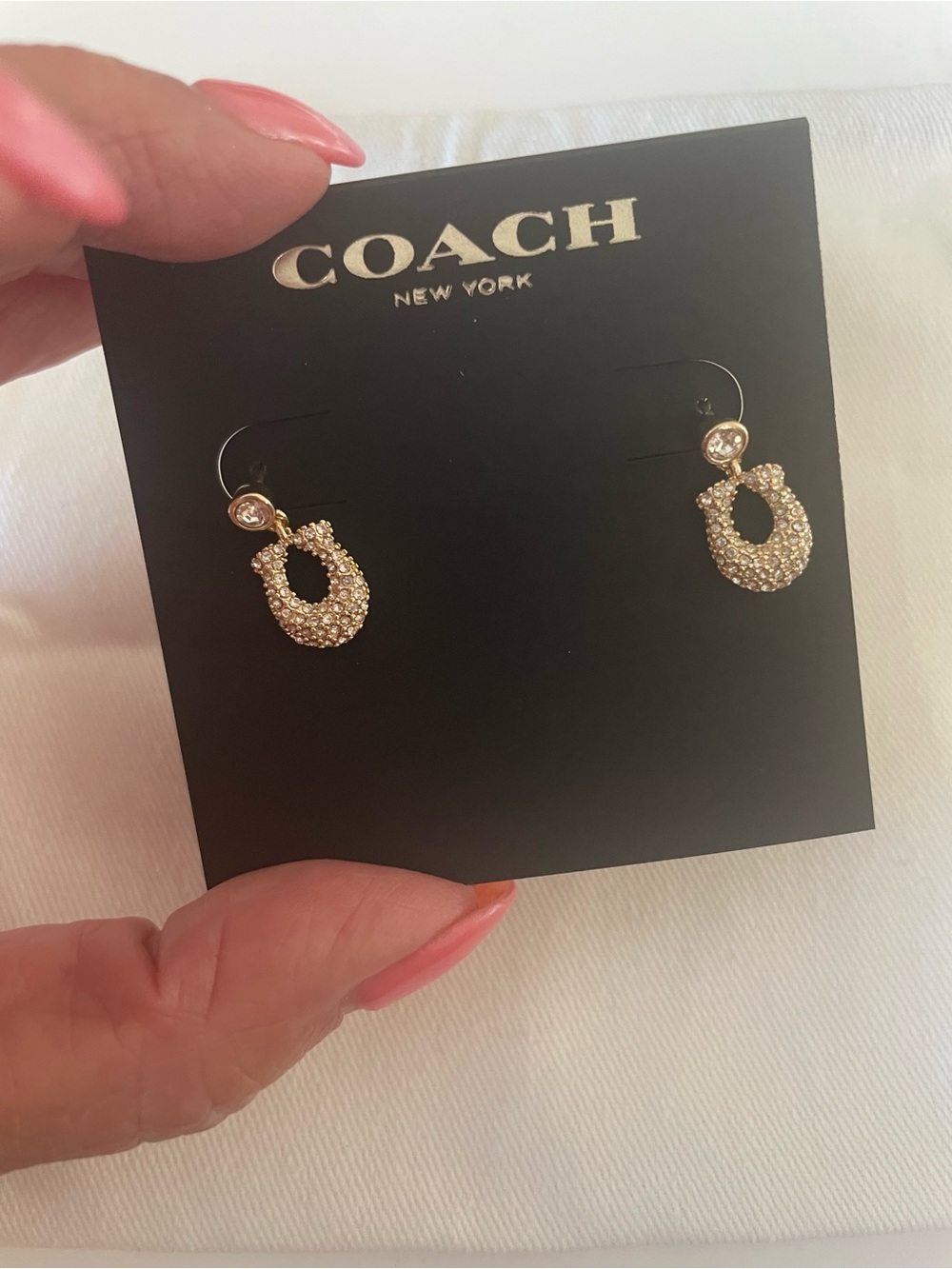 COACH Gold Crystal Pavé Open Oval Drop Earrings - Picture 2 of 5